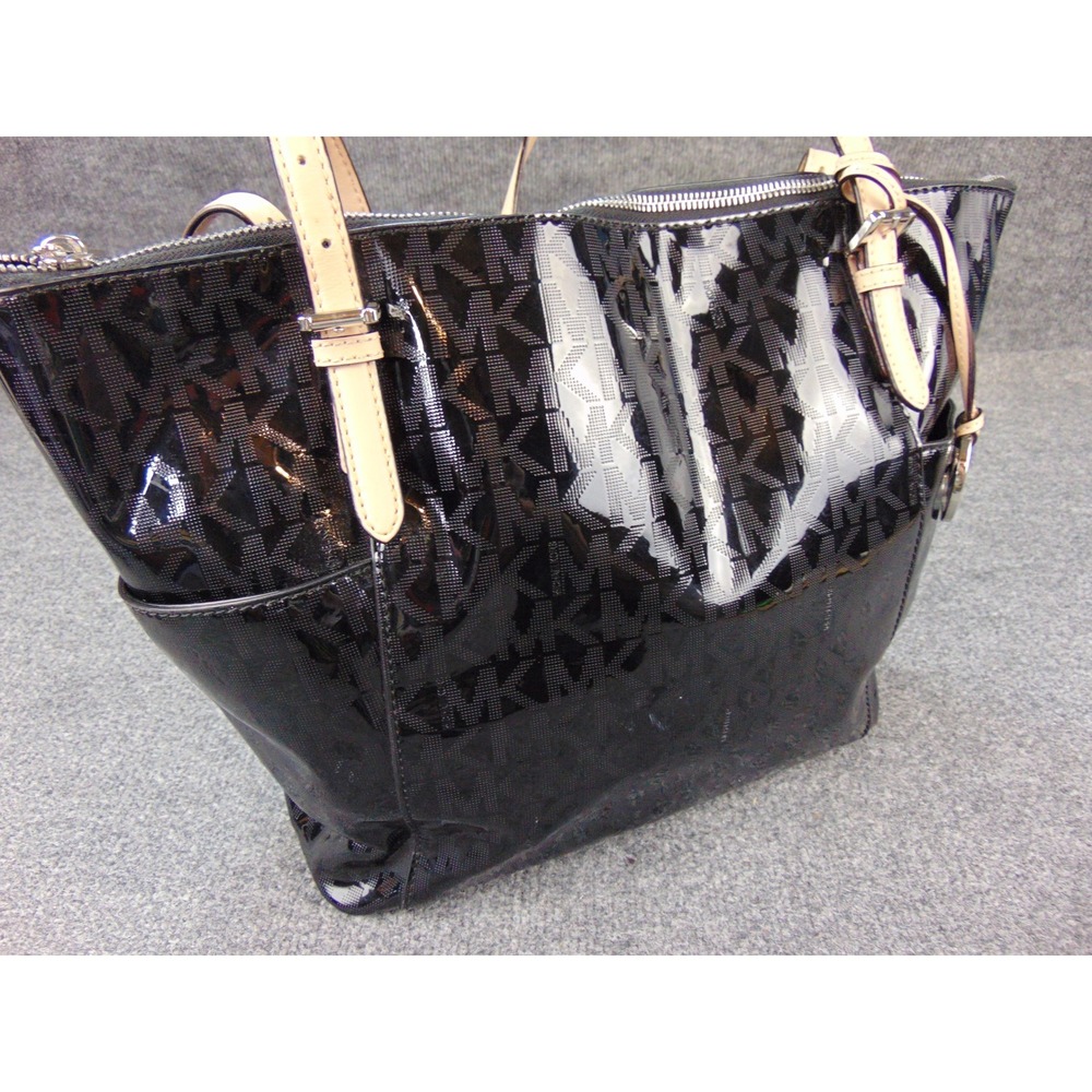 Michael Kors Jet Set Travel Tote Black Patent MK Logo Monogram Bag 35S6MTTT8Z
